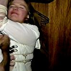 Third pic of tied-and-gagged.com | 30 Yr OLD BBW SINGLE MOM IS TAPE GAGGED, BAREFOOT, BALL-GAGGED, TIT TIED, NIPPLE PINCHED AND TIED TO A COAT RACK (D73-17)