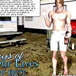 First pic of Gays of our lives 3D gay comic: male hentai anime fantasy cartoons about hairy huge cock of young hunk man dude jerking off in a trailer, sucking 10 inch cock and big balls of his boyfriend and having massive cumshot in this nifty gay story