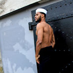 Fourth pic of big black dick Sailor CJ Wright masturbating around the port