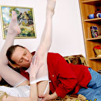 Second pic of Spicy chick in soft silky stockings launching into legjob and cowgirl fuck - Breathtaking scenes of nylon sex at LoveNylons!