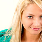 First pic of Pinky June - Hot blonde gal Pinky June strips on the bed and then toys her fuckable wet pussy.