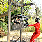 Second pic of Sex Previews - Ruby Rubber busty in red latex with caged Latex Lucy bound and spanked