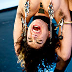 Second pic of SexPreviews - Bianca Stone in upside down bondage her pussy clamped and electro shocked by lezdom Lorelei Lee