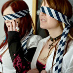 Second pic of Unruly coeds get blindfolded and stripped to their bright opaques