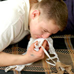 First pic of Hot guy sniffing panties and enjoying sexy hosiery before fucking with mom