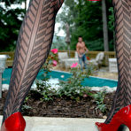 Fourth pic of MILF in sexy patterned black pantyhose and red high heels getting banged @ PantyhoseAddict