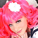 Second pic of Kinky uniform doll in wig Candy Sweet is playing with the big and hard dildo