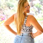 First pic of Blonde teenager Melissa May bares off her shaved nub and fills it with the dildo