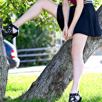 Fourth pic of Sultry brunette Serena Wood is teasing with her erotic upskirtng in the street