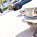 Second pic of Shameless Victoria Voss with playful smile flashes her boobs in public and removes her panties