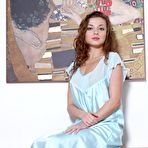 First pic of Teen brunette with beautiful eyes Alyssa A removes her dress in the bed