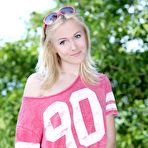 First pic of Angelic blonde teen Aislin shows her hot trimmed pussy in an outdoor softcore session.