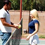 Second pic of porn star Kagney Linn Karter fucking the maintenance guy on the tennis court!