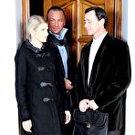 First pic of Skinny small titted topless blonde Wiska in skin tight jeans gives blowjob to two men