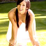 Second pic of Brunette babe Catie Minx strips outdoor to show tits and shaved pussy in close up