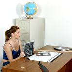 Third pic of Glassed mature teacher in red blouse spanks student girl Vanilla Skye on her bottom