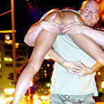 Third pic of Blonde Sophie Logan in jean mini skirt takes cock up her pink pussy in the night streets