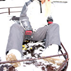 First pic of Sporty blonde Tea Jul drills her pussy with pink dildo outdoor at wintertime