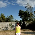 First pic of Brunette girl Judy Smile is outdoor demonstrating hot masturbation with banana