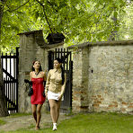 First pic of Tatiana Milovani, Rachel Evans and Laura Crystal have clothed lesbian sex and piss in the open air