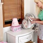 First pic of Busty blonde with big ass gets nude and gags on big fake cock of Haley Page