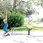 Second pic of 
					Sporty babe Cyrstal Rae teasing in ripped leggings in public - Pornstar Movies
			