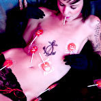 Fourth pic of Skinny goth girl Allister in Halloween hat and gloves takes off her red bra and panties