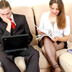 First pic of Lusty secretary in barely black pantyhose seducing guy to play nylons game