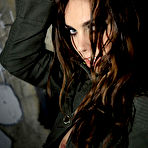 Second pic of Tiffany Tyler Brunette Pornstar Strips in Dark Alley