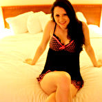 First pic of Delectable brunette teen babe Freckles removes her lingerie in bed and fingers her cunt