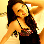 Second pic of Delectable brunette teen babe Freckles removes her lingerie in bed and fingers her cunt