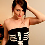 First pic of Adorable brunette Freckles teases us in her pantyhose and her Halloween outfit