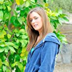 First pic of Brown haired smiling girl Hayley Hanes gets naked and displays her private parts outside