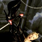 Second pic of Malou Rouge in stockings and high boots gives footjob to fucking machine