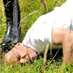 Fourth pic of The slave of Lady Sonia can do nothing when she rides and tramples him outdoor