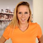 First pic of Blue leggings blonde teen furiously masturbating on a leather chair - IamXXX.com