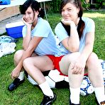 First pic of Busty blonde haired soccer mom Monica Mayhem shares a cock with two teen brunettes outdoors