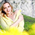 First pic of Pasty blond-haired chick takes off her fun-looking panties outdoors - aMetart.com