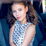 First pic of Brunette babe Hilary in pigtails displaying her pink panties in car at pussyxxxporn.com