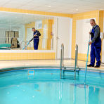 First pic of Sweet brunette teases an old pool boy until he is ready to fuck her