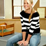 First pic of Giggling blonde Veronika Raquel pulls down her tight fit jeans to show her spankable ass