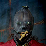 First pic of SexPreviews - Catherine DeSade in red dress masked and bound with tits exposed toyed to orgasm