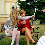 First pic of Rachel Evans and Cindy Dollar enjoy group clothed sex and pissing in the outdoors