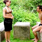 First pic of Monika Thu in smart black suit and sheer stockings sucks a guy and gets her pussy fucked outdoors