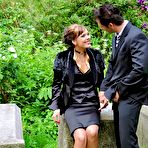 Second pic of Monika Thu in smart black suit and sheer stockings sucks a guy and gets her pussy fucked outdoors