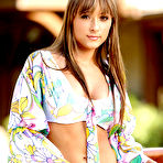 First pic of Chelse Medley stripping flower top and pink thong by the pool