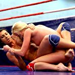 Third pic of Lesbian ladies Melissa Ria and Dorina Gold wrestle stripping out of their uniform