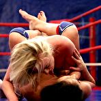 Fourth pic of Lesbian ladies Melissa Ria and Dorina Gold wrestle stripping out of their uniform