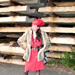 First pic of Callgirl Bitch Glamorous Red Couture Women`s Outfit In The Open Outdoor Public Country Sexy Fully Clothed Elegant Vintage Lingerie Garter Belts Fox Fur Coat Movie 13:53