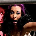 Second pic of Gagged January Seraph is tied to metal frame and has to enjoy the magic wand vibrator